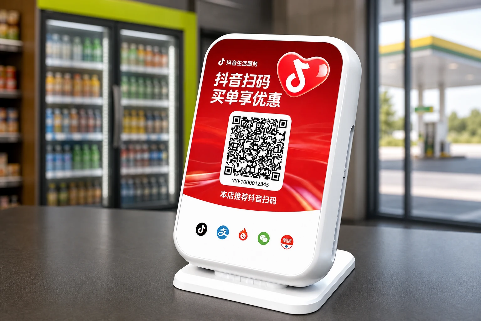 加油站便利店柜台上的真实白色台式抖音买单设备